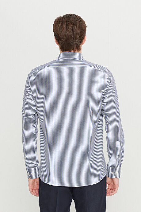 Pamuklu Tailored Slim Fit Dar Kesim Düğmeli Gömlek Yaka Çizgili Beyaz-Antrasit Gömlek resmi