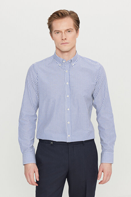 Pamuklu Tailored Slim Fit Dar Kesim Düğmeli Gömlek Yaka Çizgili Beyaz-Lacivert Gömlek resmi