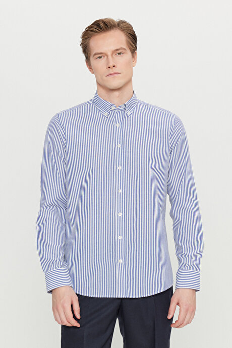 Pamuklu Tailored Slim Fit Dar Kesim Düğmeli Gömlek Yaka Çizgili Beyaz-Lacivert Gömlek resmi