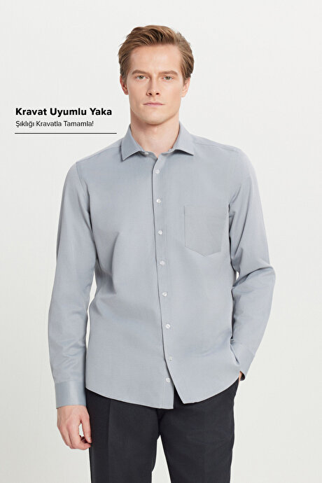 Pamuklu Tailored Slim Fit Dar Kesim Klasik Yaka Armürlü Cepli Gri Gömlek resmi