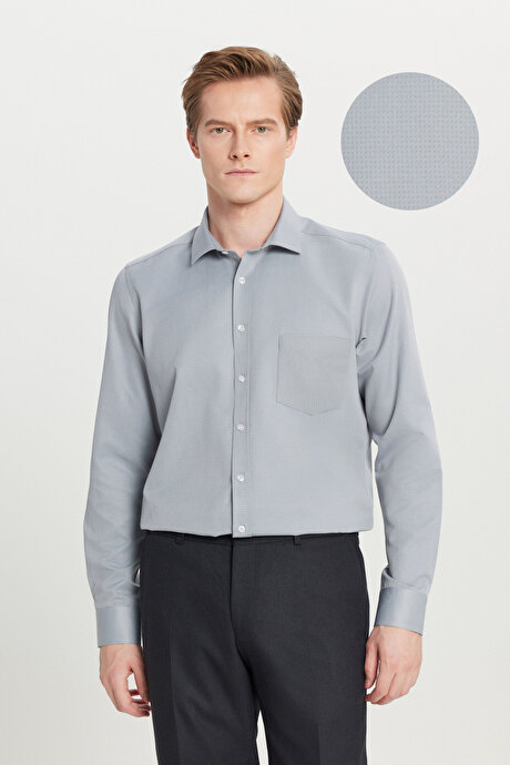 Pamuklu Tailored Slim Fit Dar Kesim Klasik Yaka Armürlü Cepli Gri Gömlek resmi
