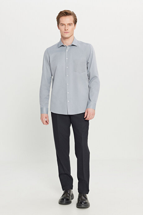 Pamuklu Tailored Slim Fit Dar Kesim Klasik Yaka Armürlü Cepli Gri Gömlek resmi