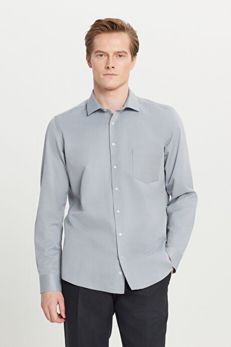 Pamuklu Tailored Slim Fit Dar Kesim Klasik Yaka Armürlü Cepli Gri Gömlek resmi