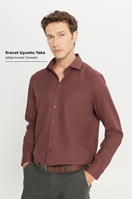 Tailored Slim Fit Dar Kesim Küçük İtalyan Yaka Armürlü Oxford Bordo Gömlek resmi