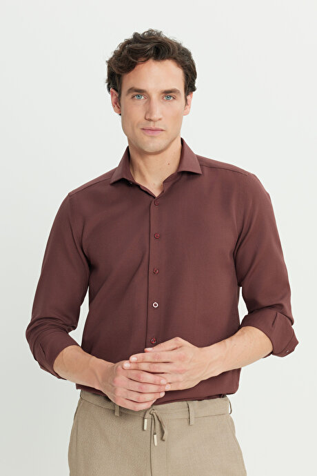 Tailored Slim Fit Dar Kesim Küçük İtalyan Yaka Armürlü Oxford Bordo Gömlek resmi