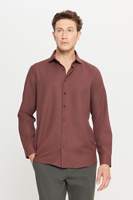 Tailored Slim Fit Dar Kesim Küçük İtalyan Yaka Armürlü Oxford Bordo Gömlek resmi