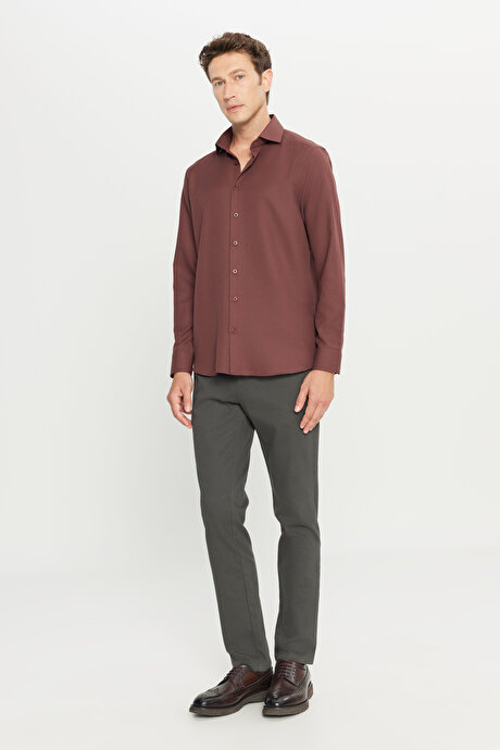 Tailored Slim Fit Dar Kesim Küçük İtalyan Yaka Armürlü Oxford Bordo Gömlek resmi