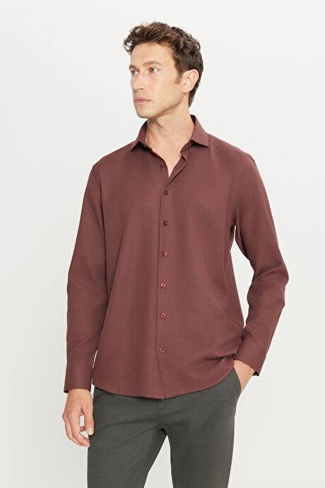 Tailored Slim Fit Dar Kesim Küçük İtalyan Yaka Armürlü Oxford Bordo Gömlek resmi
