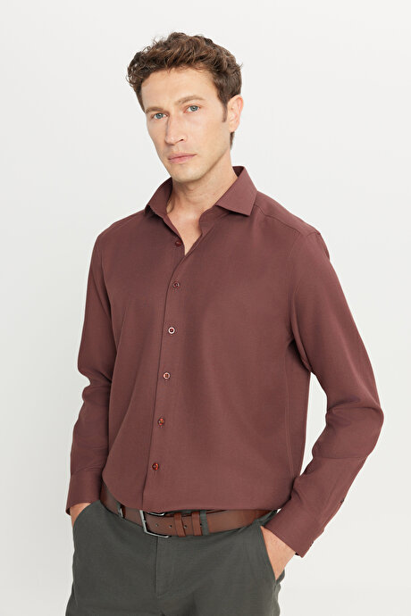 Tailored Slim Fit Dar Kesim Küçük İtalyan Yaka Armürlü Oxford Bordo Gömlek resmi