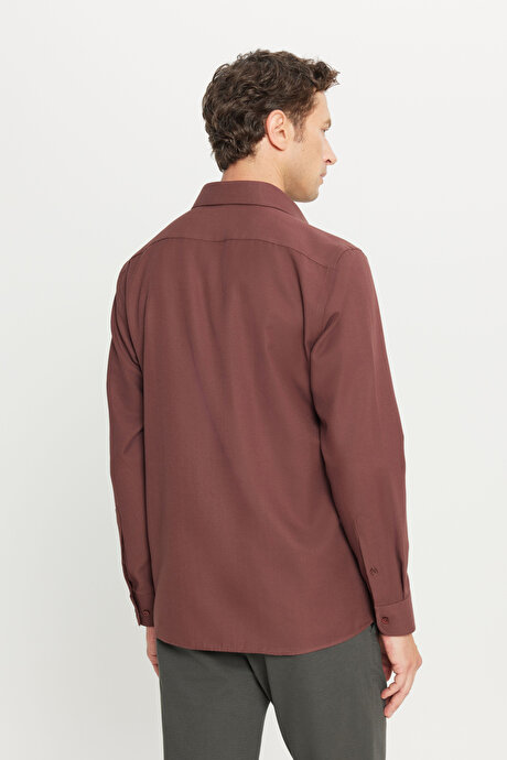 Tailored Slim Fit Dar Kesim Küçük İtalyan Yaka Armürlü Oxford Bordo Gömlek resmi