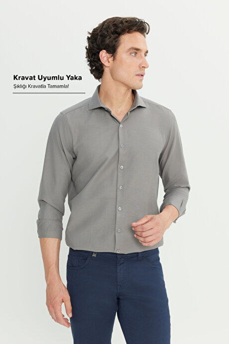 Tailored Slim Fit Dar Kesim Küçük İtalyan Yaka Armürlü Oxford Gri Gömlek resmi