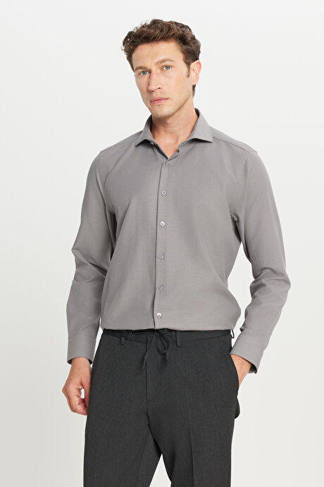Tailored Slim Fit Dar Kesim Küçük İtalyan Yaka Armürlü Oxford Gri Gömlek resmi