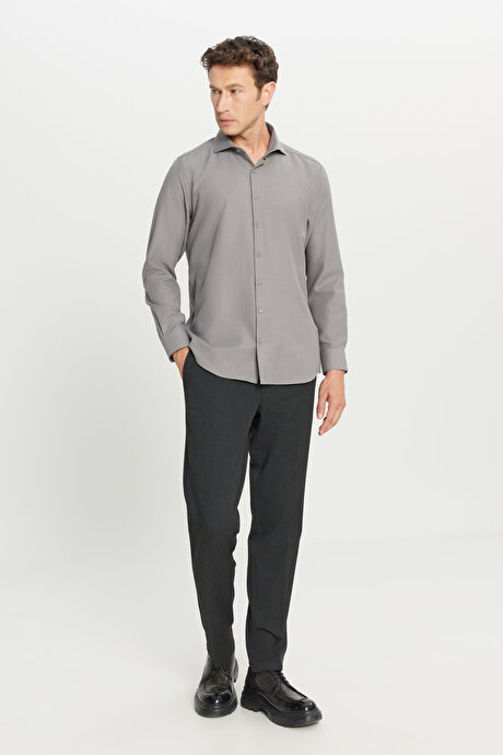 Tailored Slim Fit Dar Kesim Küçük İtalyan Yaka Armürlü Oxford Gri Gömlek resmi
