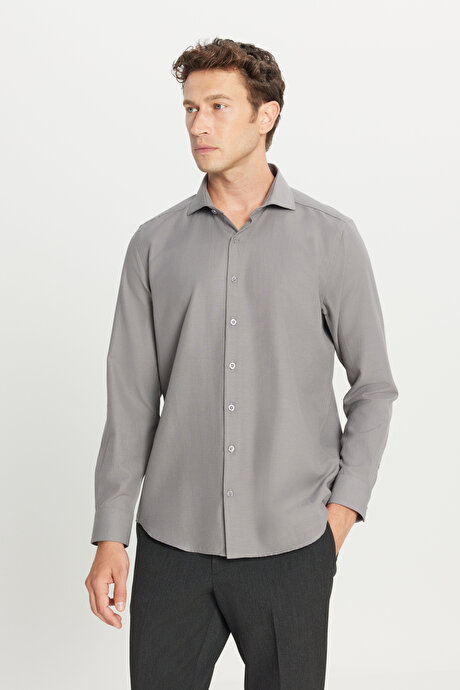 Tailored Slim Fit Dar Kesim Küçük İtalyan Yaka Armürlü Oxford Gri Gömlek resmi