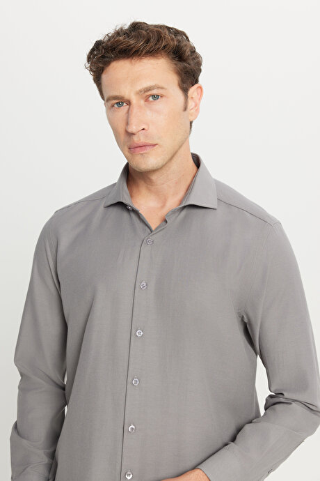 Tailored Slim Fit Dar Kesim Küçük İtalyan Yaka Armürlü Oxford Gri Gömlek resmi