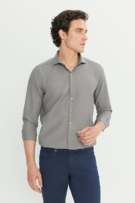Tailored Slim Fit Dar Kesim Küçük İtalyan Yaka Armürlü Oxford Gri Gömlek resmi