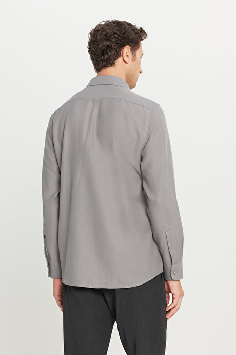 Tailored Slim Fit Dar Kesim Küçük İtalyan Yaka Armürlü Oxford Gri Gömlek resmi