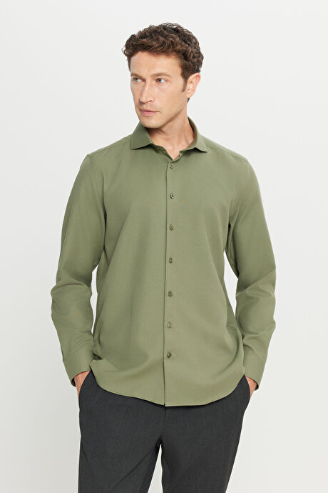 Tailored Slim Fit Dar Kesim Küçük İtalyan Yaka Armürlü Oxford Haki Gömlek resmi