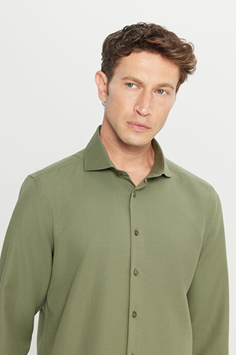 Tailored Slim Fit Dar Kesim Küçük İtalyan Yaka Armürlü Oxford Haki Gömlek resmi