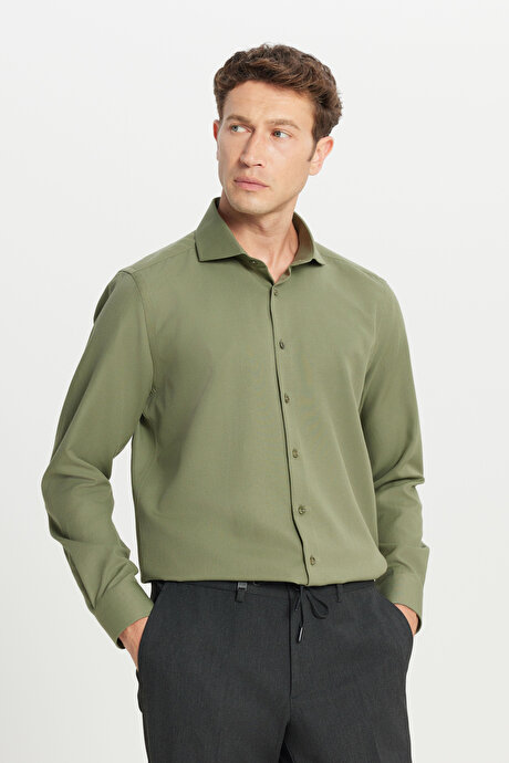 Tailored Slim Fit Dar Kesim Küçük İtalyan Yaka Armürlü Oxford Haki Gömlek resmi