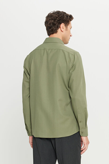 Tailored Slim Fit Dar Kesim Küçük İtalyan Yaka Armürlü Oxford Haki Gömlek resmi
