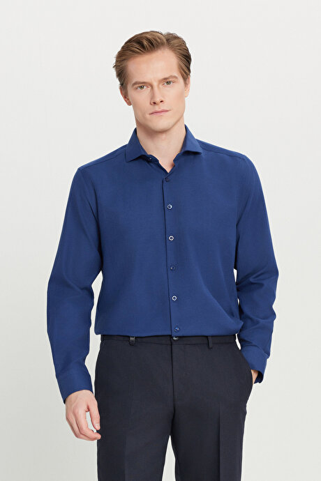 Tailored Slim Fit Dar Kesim Küçük İtalyan Yaka Armürlü Oxford Lacivert Gömlek resmi