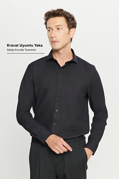 Tailored Slim Fit Dar Kesim Küçük İtalyan Yaka Armürlü Oxford Siyah Gömlek resmi