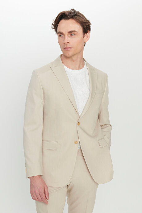 Slim Fit Dar Kesim Kırlangıç Yaka Kapak Cepli Esnek Bej Takım Elbise resmi