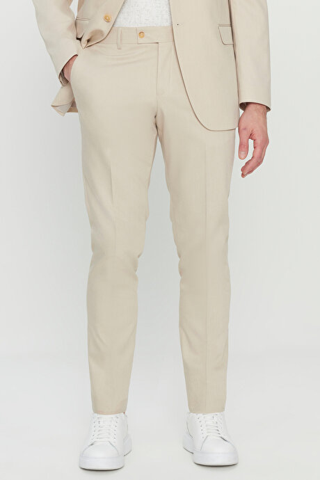 Slim Fit Dar Kesim Kırlangıç Yaka Kapak Cepli Esnek Bej Takım Elbise resmi