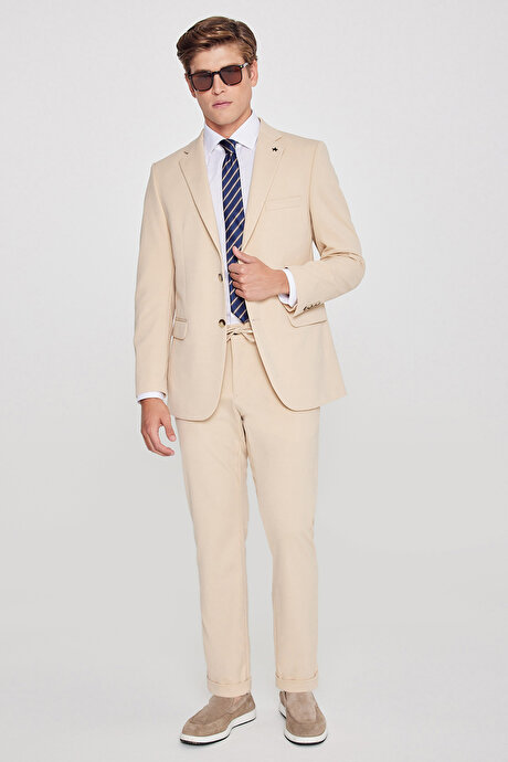 Slim Fit Dar Kesim Mono Yaka Beli Bağlamalı Kapak Cepli Esnek Bej Takım Elbise resmi