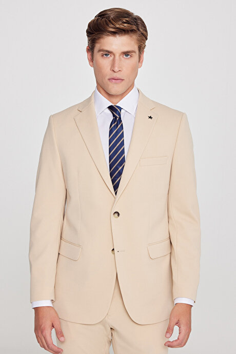 Slim Fit Dar Kesim Mono Yaka Beli Bağlamalı Kapak Cepli Esnek Bej Takım Elbise resmi