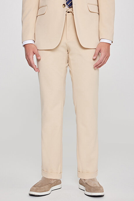 Slim Fit Dar Kesim Mono Yaka Beli Bağlamalı Kapak Cepli Esnek Bej Takım Elbise resmi