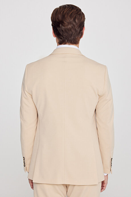 Slim Fit Dar Kesim Mono Yaka Beli Bağlamalı Kapak Cepli Esnek Bej Takım Elbise resmi