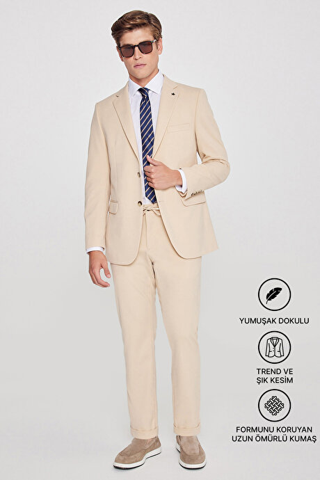 Slim Fit Dar Kesim Mono Yaka Beli Bağlamalı Kapak Cepli Esnek Bej Takım Elbise resmi