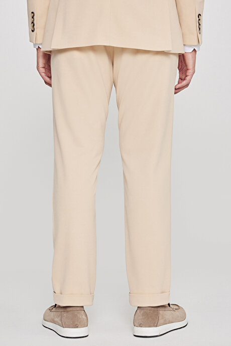 Slim Fit Dar Kesim Mono Yaka Beli Bağlamalı Kapak Cepli Esnek Bej Takım Elbise resmi