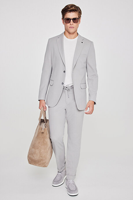 Slim Fit Dar Kesim Mono Yaka Beli Bağlamalı Kapak Cepli Esnek Gri Takım Elbise resmi