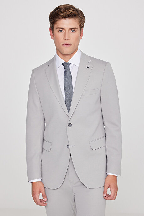 Slim Fit Dar Kesim Mono Yaka Beli Bağlamalı Kapak Cepli Esnek Gri Takım Elbise resmi