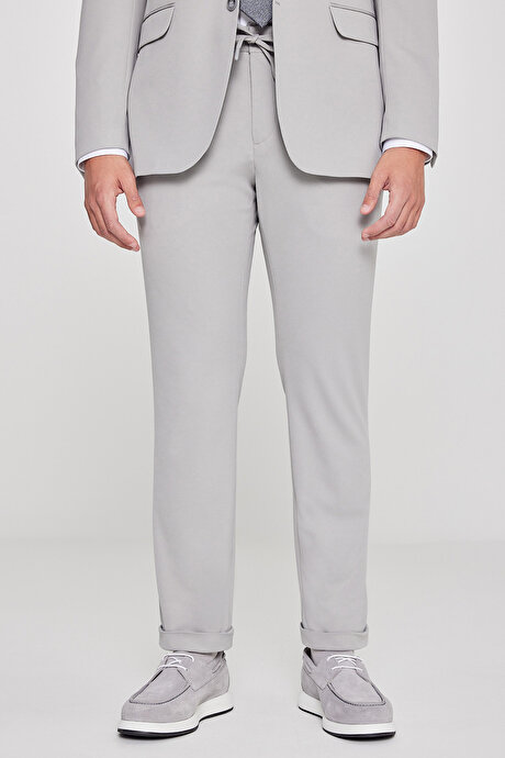 Slim Fit Dar Kesim Mono Yaka Beli Bağlamalı Kapak Cepli Esnek Gri Takım Elbise resmi