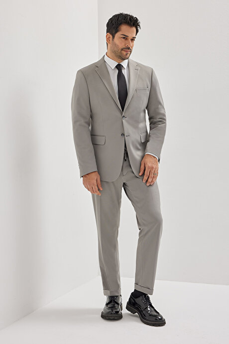Slim Fit Dar Kesim Mono Yaka Beli Bağlamalı Kapak Cepli Esnek Gri Takım Elbise resmi