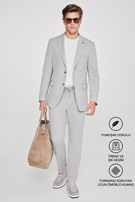 Slim Fit Dar Kesim Mono Yaka Beli Bağlamalı Kapak Cepli Esnek Gri Takım Elbise resmi