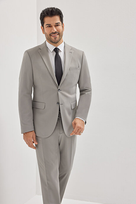 Slim Fit Dar Kesim Mono Yaka Beli Bağlamalı Kapak Cepli Esnek Gri Takım Elbise resmi