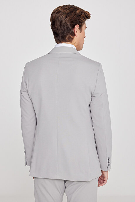 Slim Fit Dar Kesim Mono Yaka Beli Bağlamalı Kapak Cepli Esnek Gri Takım Elbise resmi