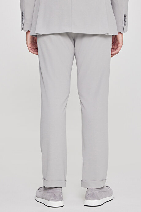 Slim Fit Dar Kesim Mono Yaka Beli Bağlamalı Kapak Cepli Esnek Gri Takım Elbise resmi