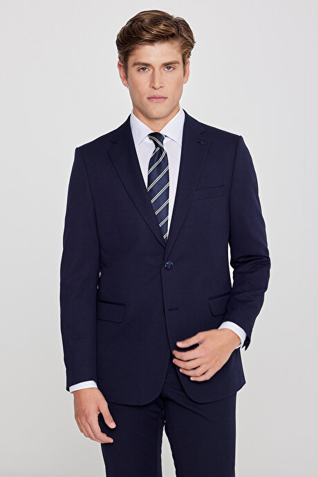 Slim Fit Dar Kesim Mono Yaka Beli Bağlamalı Kapak Cepli Esnek Lacivert Takım Elbise resmi