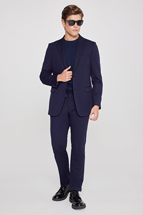 Slim Fit Dar Kesim Mono Yaka Beli Bağlamalı Kapak Cepli Esnek Lacivert Takım Elbise resmi