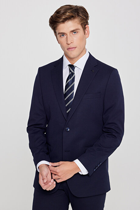 Slim Fit Dar Kesim Mono Yaka Beli Bağlamalı Kapak Cepli Esnek Lacivert Takım Elbise resmi