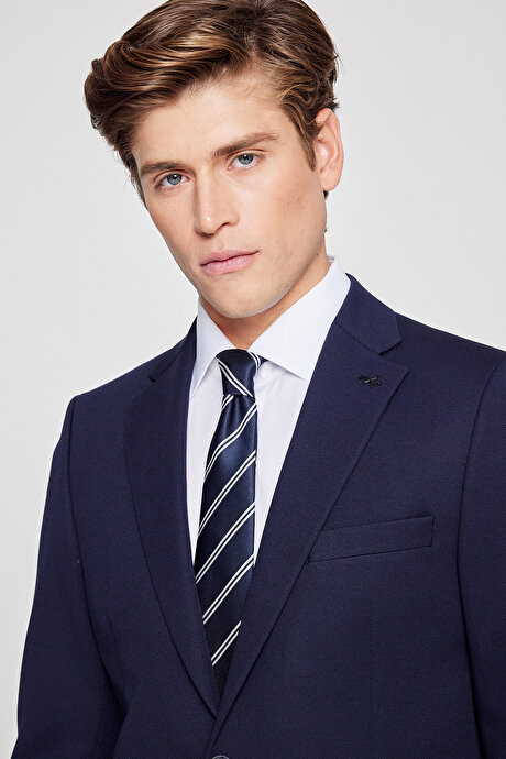 Slim Fit Dar Kesim Mono Yaka Beli Bağlamalı Kapak Cepli Esnek Lacivert Takım Elbise resmi