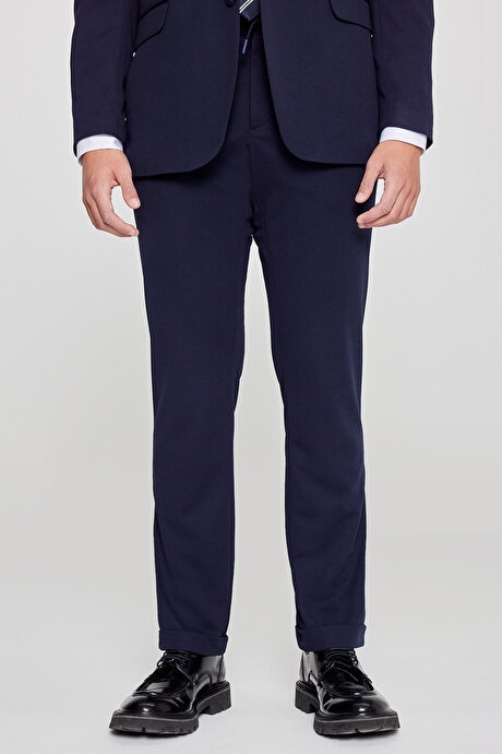 Slim Fit Dar Kesim Mono Yaka Beli Bağlamalı Kapak Cepli Esnek Lacivert Takım Elbise resmi