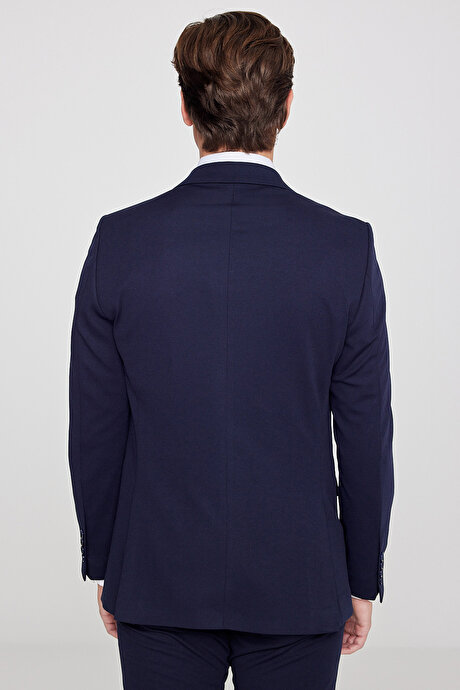 Slim Fit Dar Kesim Mono Yaka Beli Bağlamalı Kapak Cepli Esnek Lacivert Takım Elbise resmi