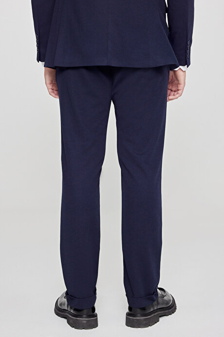 Slim Fit Dar Kesim Mono Yaka Beli Bağlamalı Kapak Cepli Esnek Lacivert Takım Elbise resmi